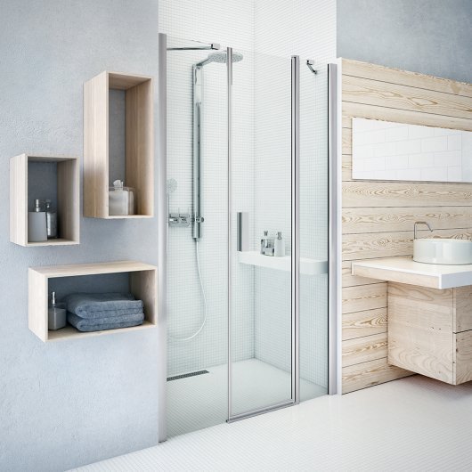 Jednokrilna okretna tuš vrata za nišu s 2 fiksna dijela